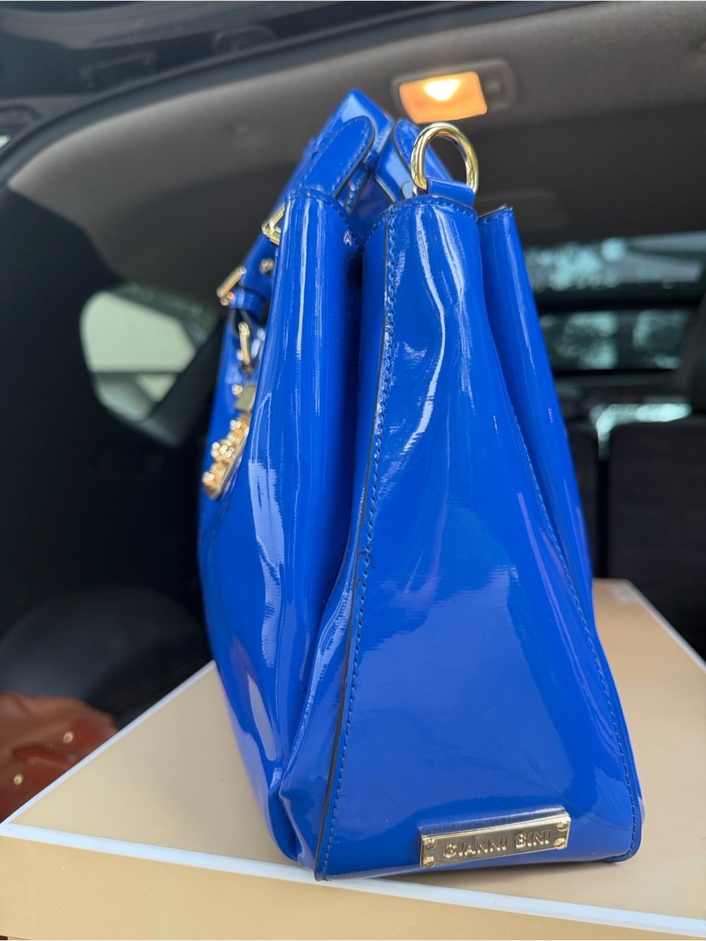 Gianni Bini Patent-Style Satchel Handbag in Bright Blue with Gold Hardware - Picture 2 of 5